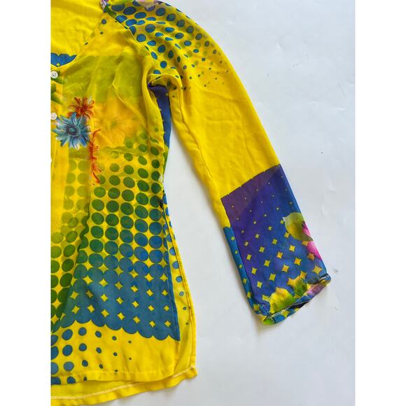 READ Kim Lai Silk Floral Sheer Button Down Long Sleeve Blouse Womens XS Small - Picture 9 of 16